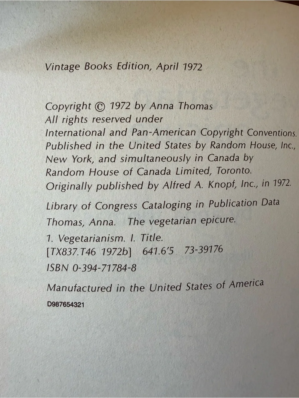 1972 Vintage - The Vegetarian Epicure Cookbook - excellent vintage condition